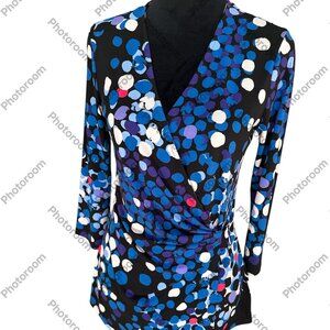 Anne Klein NWT Multicolor Dot Faux Wrap 3/4 Sleeve Stretchy Top Small